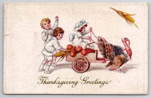 Thanksgiving Greetings Children With Turkey Pulling Cart Postcard S26