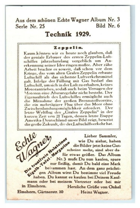 Zeppelin Airship, 1929 Technology, Echte Wagner German Trade Card *VT31V
