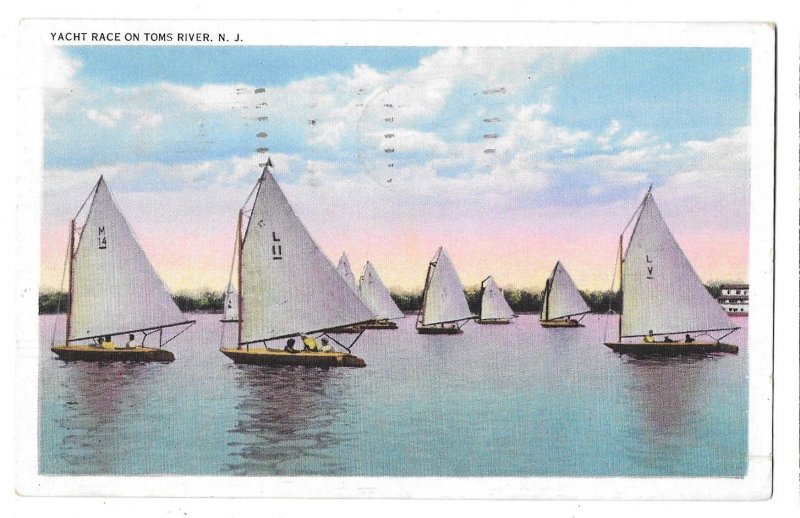 Yacht Race on Toms River, New Jersey Tichnor Linen Postcard Mailed 1941, Sct 804