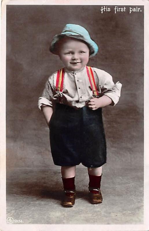 His first pair of suspenders Child, People Photo 1908 indentation in card