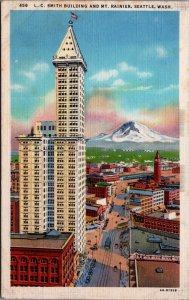 L.C Smith Building And Mt Rainier Seattle Washington Linen Postcard C176