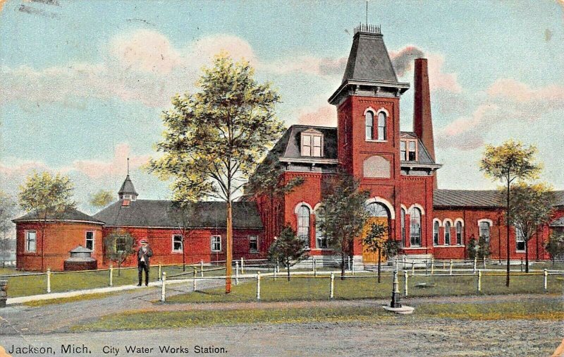 JACKSON MICHIGAN~CITY WATER WORKS STATION-1908 POSTCARD