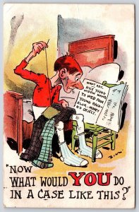 1910's Man Stitching The Pants While Reading The Newspaper Comic Posted Postcard