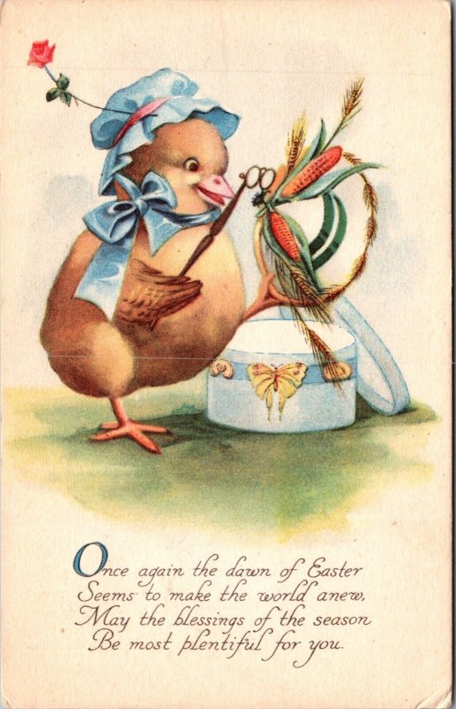 Easter Postcard Dressed Chick Reading Monocles Hat Box