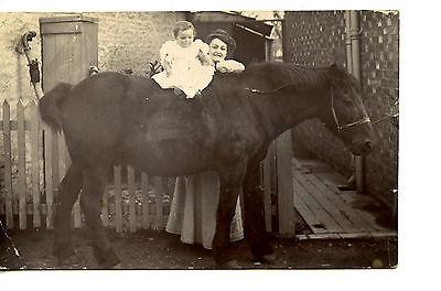 Mom Holds Baby-Child on Back of Horse by House-RPPC-Real ...