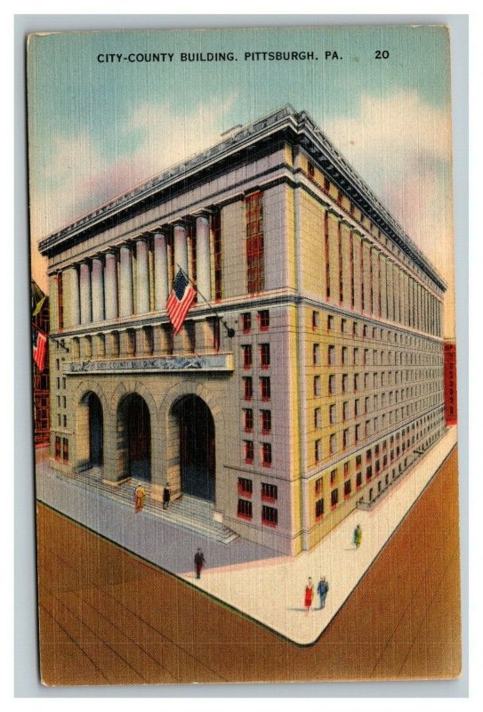 Vintage 1930's Postcard City County Building Pedestrians Pittsburgh Pennsylvania