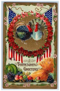 1911 Thanksgiving Greetings Turkey Wheat Bundle Fruits Patriotic Posted Postcard