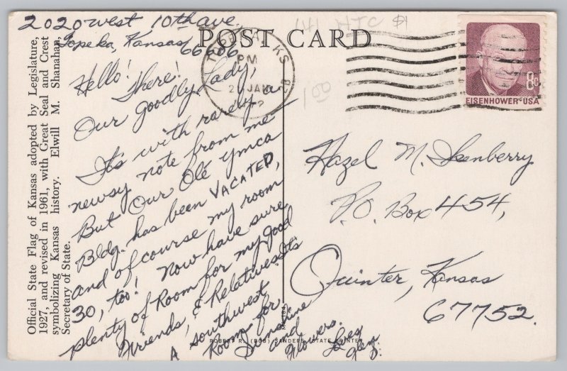 Kansas~State Flag~Sunflower~State Info on Back~Vintage Postcard
