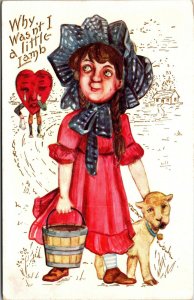 Vtg 1910s Why Wasn't I a Little Lamb Girl Crying Heart Gold Gilt Unused Postcard