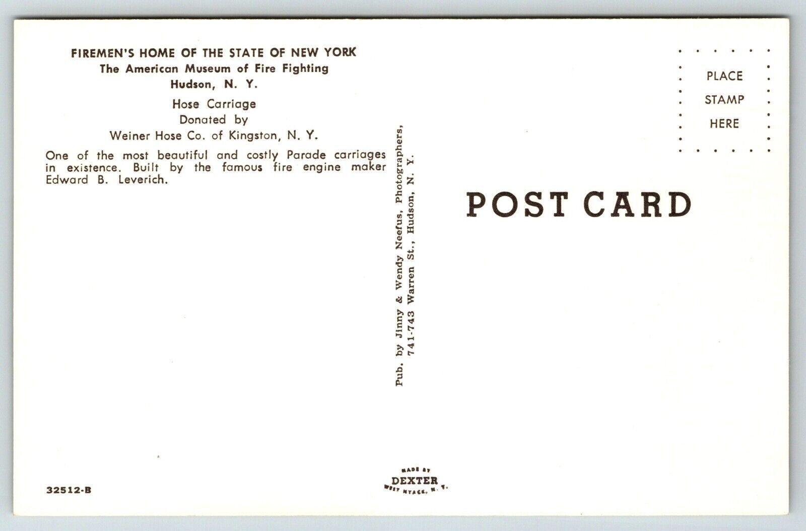 Fire Truck Engine Fireman Postcard Firemen's Home New York Hudson United States New