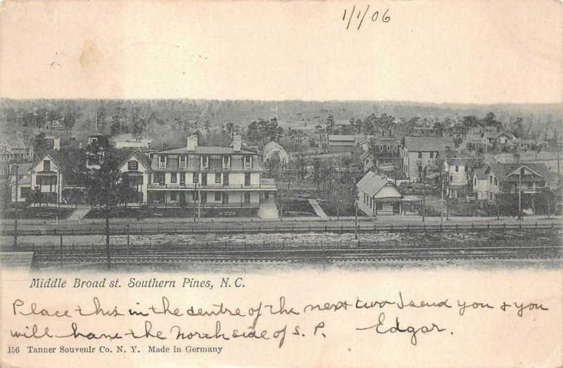 BROAD STREET EAST END SOUTHERN PINES NORTH CAROLINA TRAIN DEPOT POSTCARD 1906