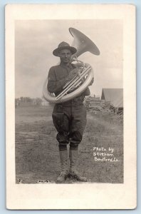 Bedford Iowa IA Postcard RPPC Photo US Army Camp Tuba Musician c1910's Antique