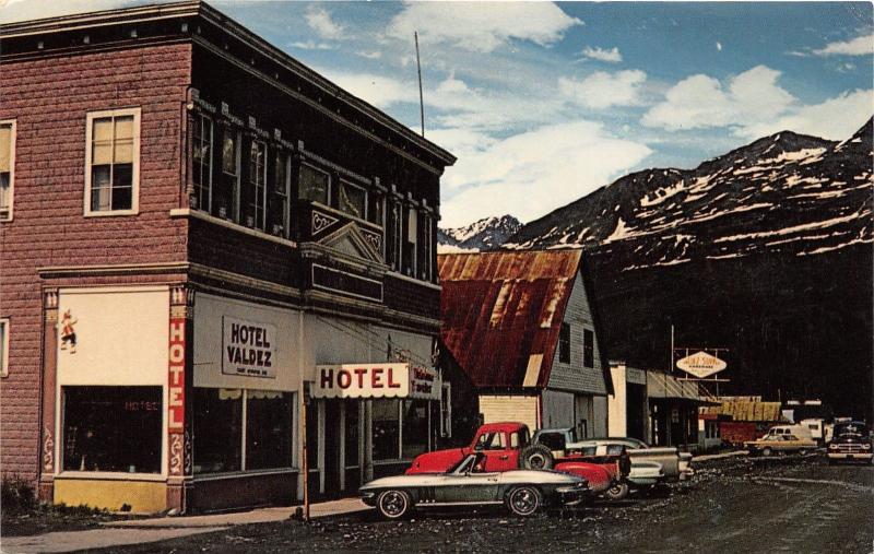 Valdez Alaska~Street Scene~Hotel Valdez~Stores~Convertible Sports Car~50s Truck