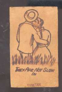 VINTAGE LEATHER POSTCARD THEY ARE NOT SLOW IN YANKTON SOUTH DAKOTA SD