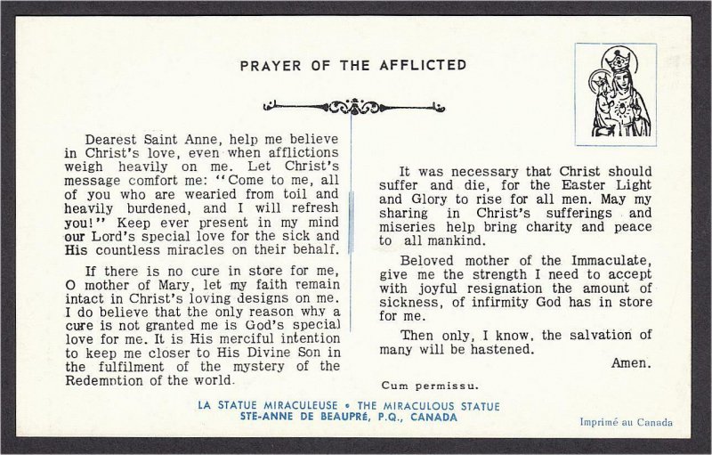 SaintAnnedeBeaupre QC Miraculous Statue 1950s Prayer Card Postcard