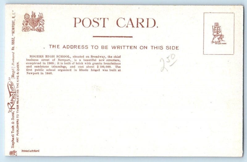 c1905 Newport Rhode Island Tuck Raphotype Postcard Rogers High School Building