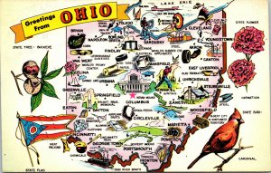 Vtg 1970s Greetings from Ohio OH Buckeye State Map Towns Landmarks Postcard
