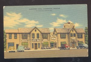 CAMDENTON MISSOURI HARWOOD HOTEL OLD CARS LINEN ADVERTISING POSTCARD