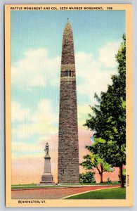 Bennington VT~Battle Monument & Col Seth Warner Monument~Vintage Linen Postcard