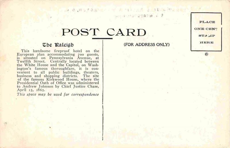 Hotel Raleigh Lobby Interior Washington DC 1910c postcard