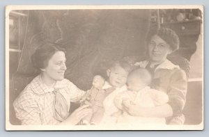 Women Holding Children Babies & Creepy Toy Doll Fashion ANTIQUE Postcard 1494