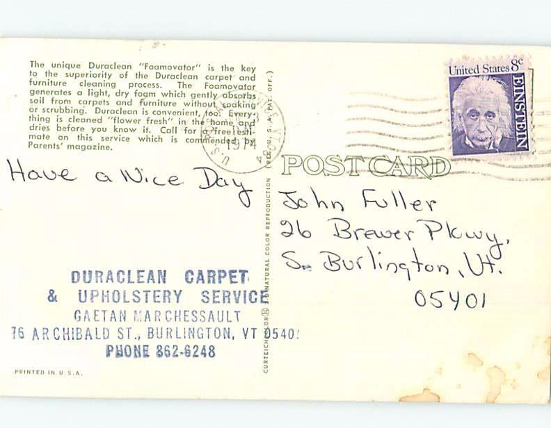 Pre-1980 postcard ad CARPET CLEANING ON ARCHIBALD STREET Burlington VT F0356