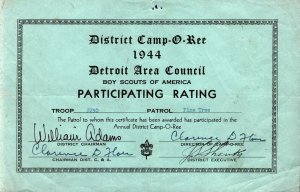 1944  Boy Scouts of America  Detroit MI Area Council Certificate  8 x 5