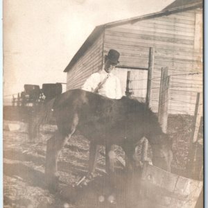 c1900s Cool Man Bowler Hat Horse Farm RPPC Real Photo PC Aberdeen SD Cancel A135