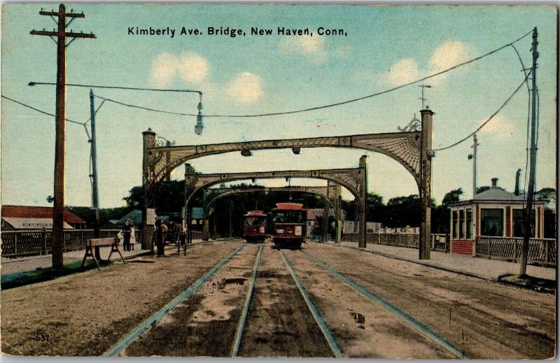 Streetcars at Kimberly Avenue Bridge, New Haven CT Vintage Postcard Q06