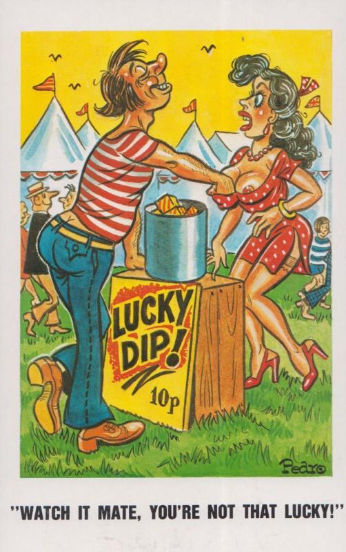 Tombola Man & Lady With Cleavage Lucky Dip Raffle Fair Bucket 70s Comic Postcard