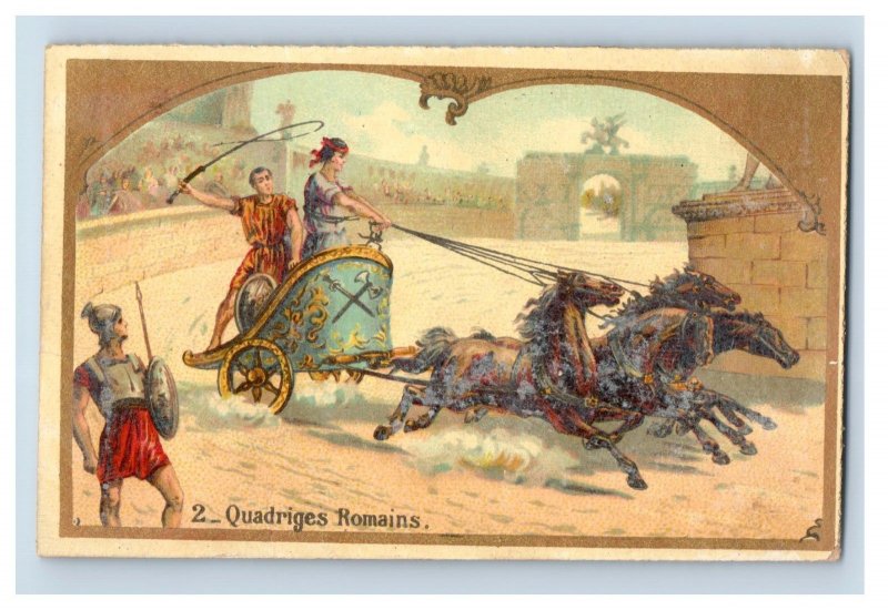 1880s French Chocolat Poulain Roman Chariot Horses Fab! F159