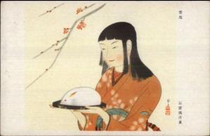 Japanese Art Geisha Woman in Kimono Serving Rabbit Dish Postcard