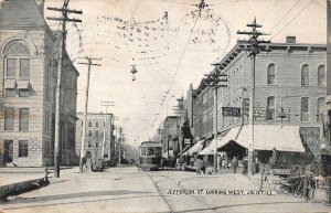 JEFFERSON STREET LOOKING WEST JOLIET ILLINOIS DENTIST SIGN TROLLEY POSTCARD 1908