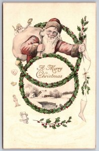 Christmas~Santa w/o Mustache in Holly Berry Rings~Farm~Handcolored Germany c1910