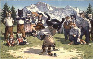 Mainzer No. 4771 Dressed Animals Fantasy Cats Wrestling Vintage Postcard