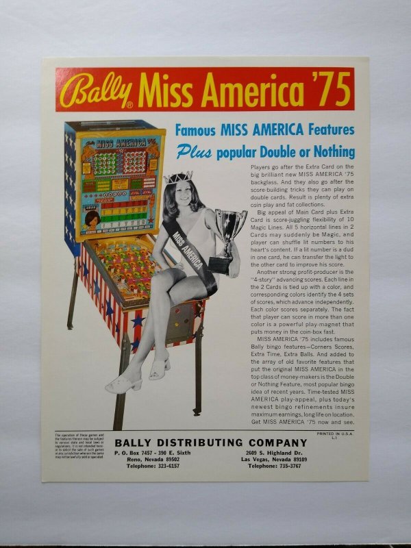 Miss America Pinball FLYER Original 1975 Bingo Game Art Pretty Lady Seated Bally