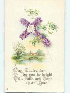 Divided-Back Easter COUNTRY SCENE WITH CROSS MADE OF FLOWERS o5947