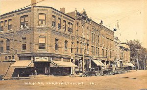 Farmington ME Street View Store Fronts Red Store Cars RPPC Postcard