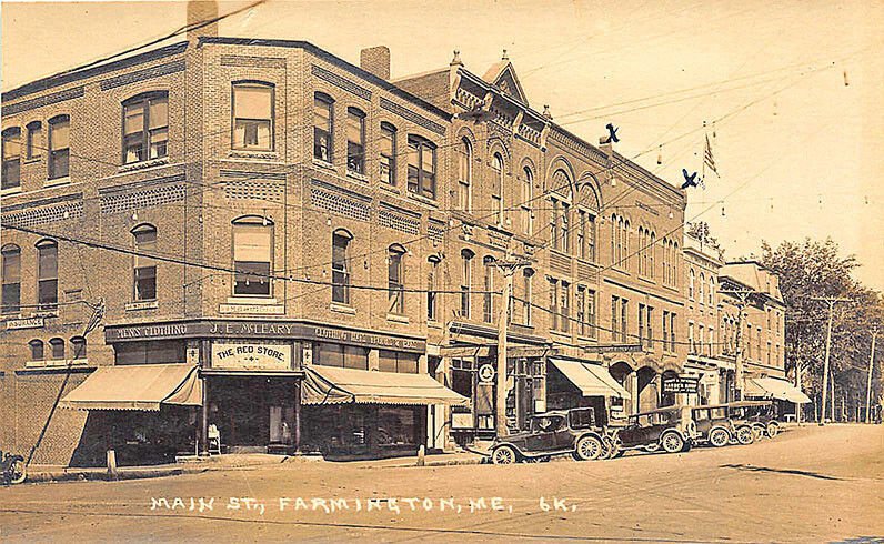 Farmington ME Street View Store Fronts Red Store Cars RPPC Postcard