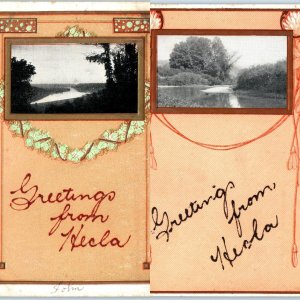 x2 LOT Neola, IA Greetings River Lake Scene Postcards Handmade Felt Writing A69