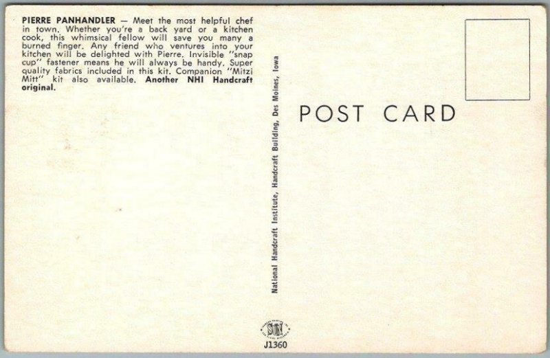 1950s Chrome Advertising Postcard NHI HANDICRAFT Pierre Panhandler Oven Mitt