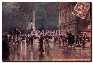 Old Postcard Paris Illustrator The Concorde Square night view