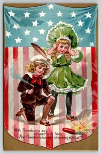 July 4th Victorian Children With Firecrackers Tuck Independence Day Postcard N27