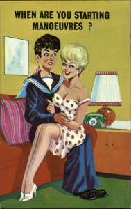 Sailor with Pinup Sexy Woman in Lap Risque Suggestive Humor Vintage Postcard