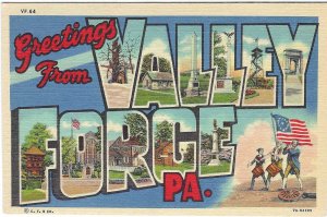 1940's Greetings from Valley Forge, PA Large Letter Linen Postcard