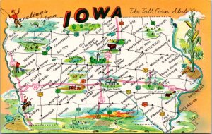 Postcard Map IA - Greetings from Iowa The Tall Corn State
