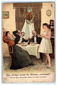 c1910's Woman Bridget Served The Potatoes Undressed Underwear Humor Postcard