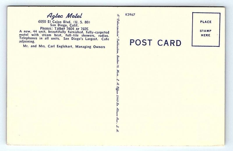 SAN DIEGO, CA California ~ AZTEC MOTEL c1940s Cars Roadside Linen Postcard