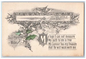 c1910's Christmas Wishes Holly Berries Poem Motto Unposted Antique Postcard 