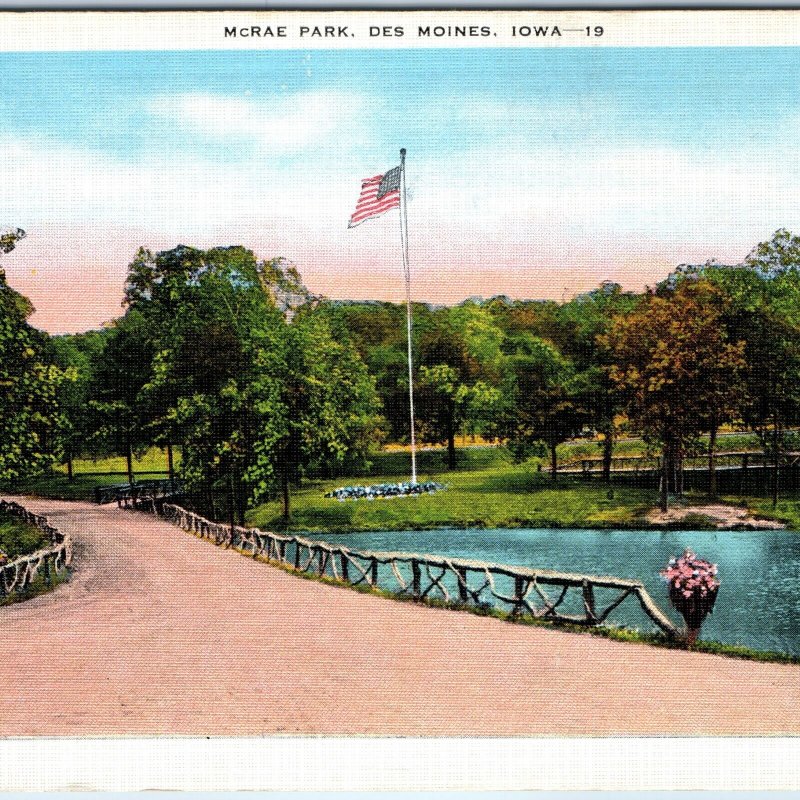 c1910s Des Moines, IA McRae Park Rare Stick Fence Pond Lake Flag Linen PC A243